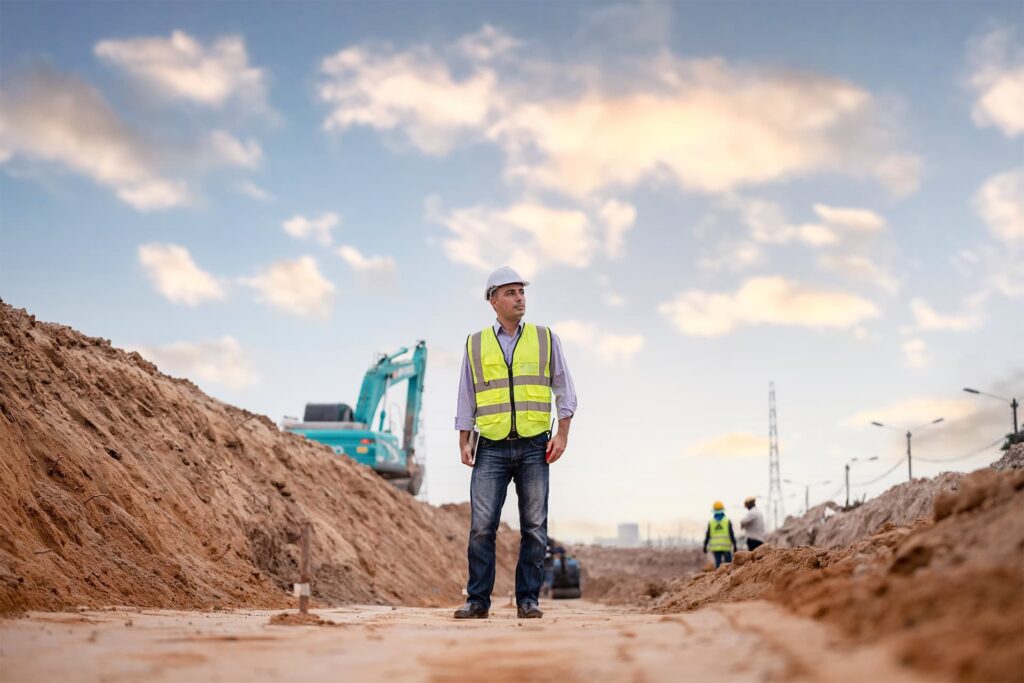Construction worker at a construction site looking into the distance