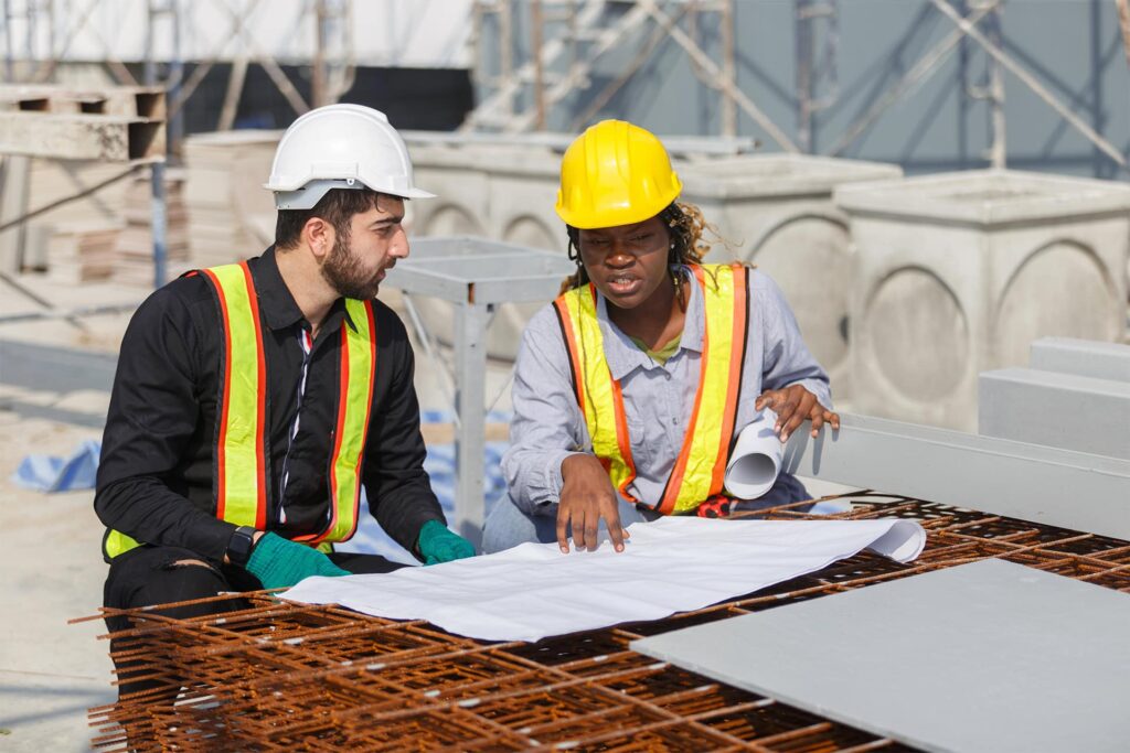 Construction workers at a construction site looking at plans and talking